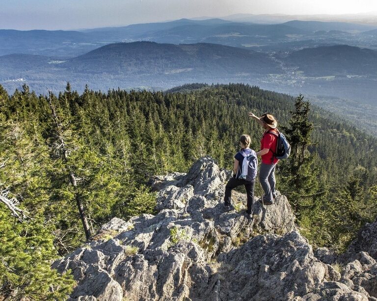 Zwei Personen schauen von einem Berggipfel über den bayerischen Wald.